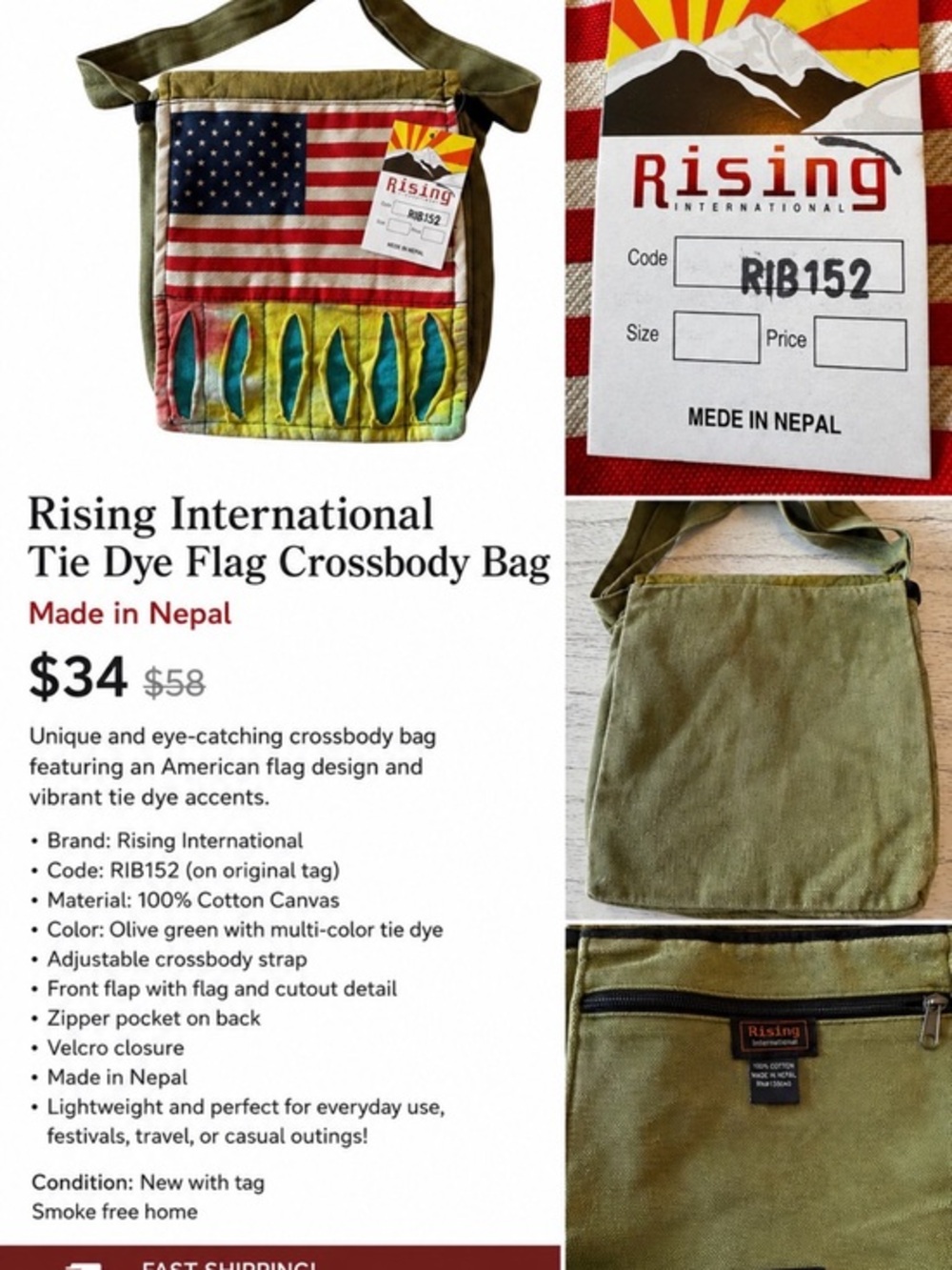 Rising International American Flag Tie Dye Crossbody RIB152 Made in Nepal NWT